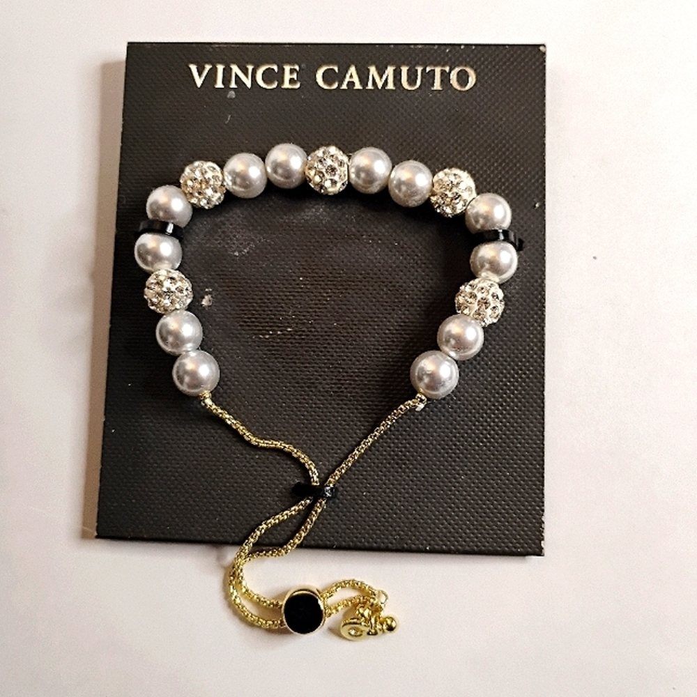 NWOT Vince Camuto Crystal and Simulated‎ Pearl Gold Tone Slider Bracelet
